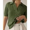 imageImily Bela Womens Cable Short Sleeve Sweaters Tops Solid Lapel V Neck Knit Casual Soft Pullover ShirtGreen