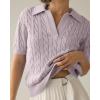 imageImily Bela Womens Cable Short Sleeve Sweaters Tops Solid Lapel V Neck Knit Casual Soft Pullover ShirtGrey