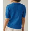 imageImily Bela Womens Cable Short Sleeve Sweaters Tops Solid Lapel V Neck Knit Casual Soft Pullover ShirtLake Blue