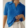 imageImily Bela Womens Cable Short Sleeve Sweaters Tops Solid Lapel V Neck Knit Casual Soft Pullover ShirtLake Blue