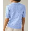 imageImily Bela Womens Cable Short Sleeve Sweaters Tops Solid Lapel V Neck Knit Casual Soft Pullover ShirtLight Blue