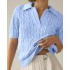 imageImily Bela Womens Cable Short Sleeve Sweaters Tops Solid Lapel V Neck Knit Casual Soft Pullover ShirtLight Blue