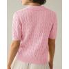 imageImily Bela Womens Cable Short Sleeve Sweaters Tops Solid Lapel V Neck Knit Casual Soft Pullover ShirtPink
