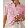 imageImily Bela Womens Cable Short Sleeve Sweaters Tops Solid Lapel V Neck Knit Casual Soft Pullover ShirtPink