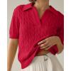 imageImily Bela Womens Cable Short Sleeve Sweaters Tops Solid Lapel V Neck Knit Casual Soft Pullover ShirtRed