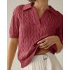 imageImily Bela Womens Cable Short Sleeve Sweaters Tops Solid Lapel V Neck Knit Casual Soft Pullover ShirtRed Bean Paste
