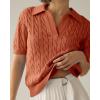 imageImily Bela Womens Cable Short Sleeve Sweaters Tops Solid Lapel V Neck Knit Casual Soft Pullover ShirtRust Red