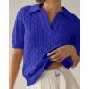 imageImily Bela Womens Cable Short Sleeve Sweaters Tops Solid Lapel V Neck Knit Casual Soft Pullover ShirtSapphire Blue