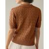 imageImily Bela Womens Cable Short Sleeve Sweaters Tops Solid Lapel V Neck Knit Casual Soft Pullover ShirtZbrown