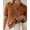 imageImily Bela Womens Cable Short Sleeve Sweaters Tops Solid Lapel V Neck Knit Casual Soft Pullover ShirtZbrown
