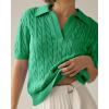 imageImily Bela Womens Cable Short Sleeve Sweaters Tops Solid Lapel V Neck Knit Casual Soft Pullover ShirtZgreen