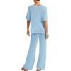 imageImily Bela Womens Summer 2 Piece Swimsuit Cover up Crochet Knit Cardigan Tops Long Pants Set Bathing Suit Beach OutfitLight Blue