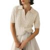 imageImily Bela Womens Cable Short Sleeve Sweaters Tops Solid Lapel V Neck Knit Casual Soft Pullover ShirtApricot