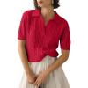 imageImily Bela Womens Cable Short Sleeve Sweaters Tops Solid Lapel V Neck Knit Casual Soft Pullover ShirtRed