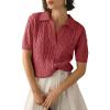 imageImily Bela Womens Cable Short Sleeve Sweaters Tops Solid Lapel V Neck Knit Casual Soft Pullover ShirtRed Bean Paste