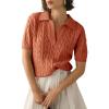 imageImily Bela Womens Cable Short Sleeve Sweaters Tops Solid Lapel V Neck Knit Casual Soft Pullover ShirtRust Red