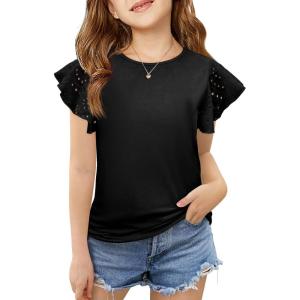 imageImily Bela Girls Ruffle Sleeve Shirts Summer Crewneck Eyelet Tee Tops Casual Cute Blouse 415 YearsBlack