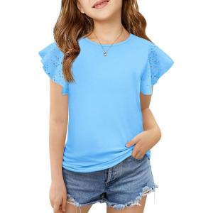 imageImily Bela Girls Ruffle Sleeve Shirts Summer Crewneck Eyelet Tee Tops Casual Cute Blouse 415 YearsLight Blue