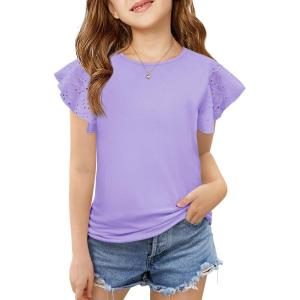 imageImily Bela Girls Ruffle Sleeve Shirts Summer Crewneck Eyelet Tee Tops Casual Cute Blouse 415 YearsLight Purple