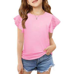 imageImily Bela Girls Ruffle Sleeve Shirts Summer Crewneck Eyelet Tee Tops Casual Cute Blouse 415 YearsPink