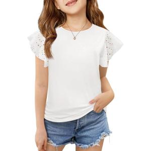 imageImily Bela Girls Ruffle Sleeve Shirts Summer Crewneck Eyelet Tee Tops Casual Cute Blouse 415 YearsWhite