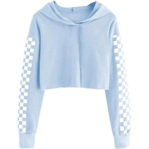 imageImily Bela Kids Crop Tops Girls Hoodies Cute Plaid Long Sleeve Fashion SweatshirtsLight Blue