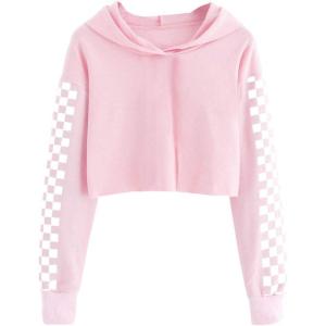 imageImily Bela Kids Crop Tops Girls Hoodies Cute Plaid Long Sleeve Fashion SweatshirtsPink