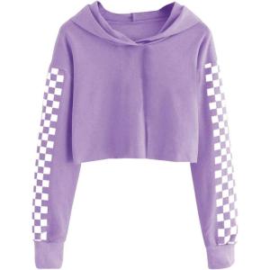 imageImily Bela Kids Crop Tops Girls Hoodies Cute Plaid Long Sleeve Fashion SweatshirtsPurple