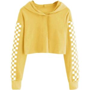 imageImily Bela Kids Crop Tops Girls Hoodies Cute Plaid Long Sleeve Fashion SweatshirtsYellow