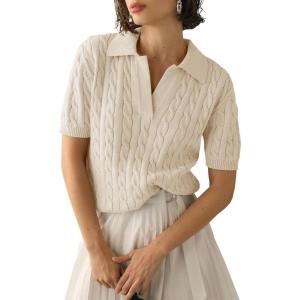imageImily Bela Womens Cable Short Sleeve Sweaters Tops Solid Lapel V Neck Knit Casual Soft Pullover ShirtApricot
