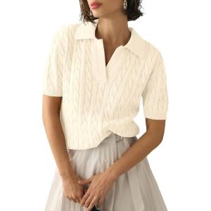 imageImily Bela Womens Cable Short Sleeve Sweaters Tops Solid Lapel V Neck Knit Casual Soft Pullover ShirtBeige
