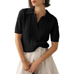imageImily Bela Womens Cable Short Sleeve Sweaters Tops Solid Lapel V Neck Knit Casual Soft Pullover ShirtBlack