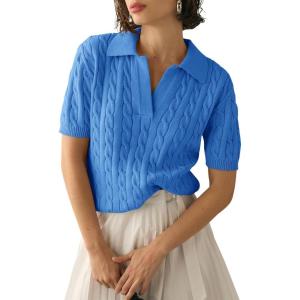 imageImily Bela Womens Cable Short Sleeve Sweaters Tops Solid Lapel V Neck Knit Casual Soft Pullover ShirtBlue