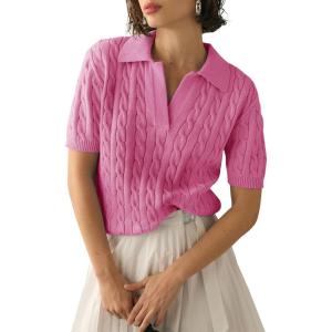 imageImily Bela Womens Cable Short Sleeve Sweaters Tops Solid Lapel V Neck Knit Casual Soft Pullover ShirtBright Pink