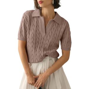 imageImily Bela Womens Cable Short Sleeve Sweaters Tops Solid Lapel V Neck Knit Casual Soft Pullover ShirtBrown