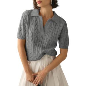 imageImily Bela Womens Cable Short Sleeve Sweaters Tops Solid Lapel V Neck Knit Casual Soft Pullover ShirtDark Gray