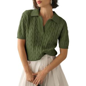 imageImily Bela Womens Cable Short Sleeve Sweaters Tops Solid Lapel V Neck Knit Casual Soft Pullover ShirtGreen