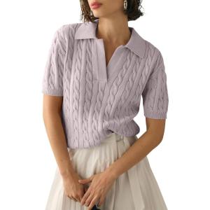 imageImily Bela Womens Cable Short Sleeve Sweaters Tops Solid Lapel V Neck Knit Casual Soft Pullover ShirtGrey