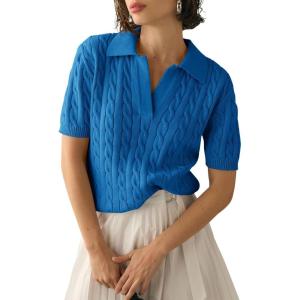 imageImily Bela Womens Cable Short Sleeve Sweaters Tops Solid Lapel V Neck Knit Casual Soft Pullover ShirtLake Blue
