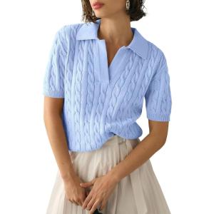 imageImily Bela Womens Cable Short Sleeve Sweaters Tops Solid Lapel V Neck Knit Casual Soft Pullover ShirtLight Blue