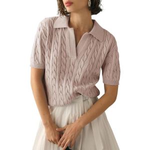 imageImily Bela Womens Cable Short Sleeve Sweaters Tops Solid Lapel V Neck Knit Casual Soft Pullover ShirtLight Brown