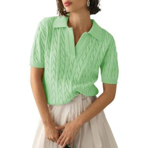 imageImily Bela Womens Cable Short Sleeve Sweaters Tops Solid Lapel V Neck Knit Casual Soft Pullover ShirtLight Green