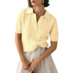 imageImily Bela Womens Cable Short Sleeve Sweaters Tops Solid Lapel V Neck Knit Casual Soft Pullover ShirtLight Yellow