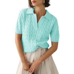 imageImily Bela Womens Cable Short Sleeve Sweaters Tops Solid Lapel V Neck Knit Casual Soft Pullover ShirtMint Green