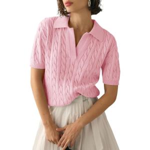 imageImily Bela Womens Cable Short Sleeve Sweaters Tops Solid Lapel V Neck Knit Casual Soft Pullover ShirtPink