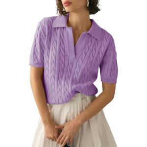 imageImily Bela Womens Cable Short Sleeve Sweaters Tops Solid Lapel V Neck Knit Casual Soft Pullover ShirtPurple