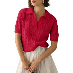 imageImily Bela Womens Cable Short Sleeve Sweaters Tops Solid Lapel V Neck Knit Casual Soft Pullover ShirtRed
