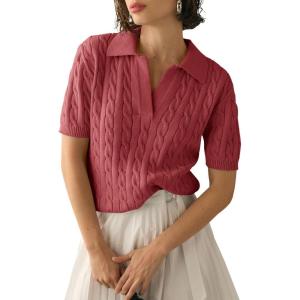imageImily Bela Womens Cable Short Sleeve Sweaters Tops Solid Lapel V Neck Knit Casual Soft Pullover ShirtRed Bean Paste
