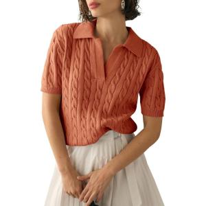 imageImily Bela Womens Cable Short Sleeve Sweaters Tops Solid Lapel V Neck Knit Casual Soft Pullover ShirtRust Red