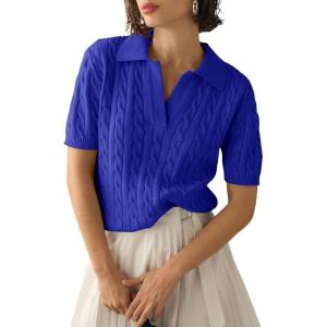 imageImily Bela Womens Cable Short Sleeve Sweaters Tops Solid Lapel V Neck Knit Casual Soft Pullover ShirtSapphire Blue